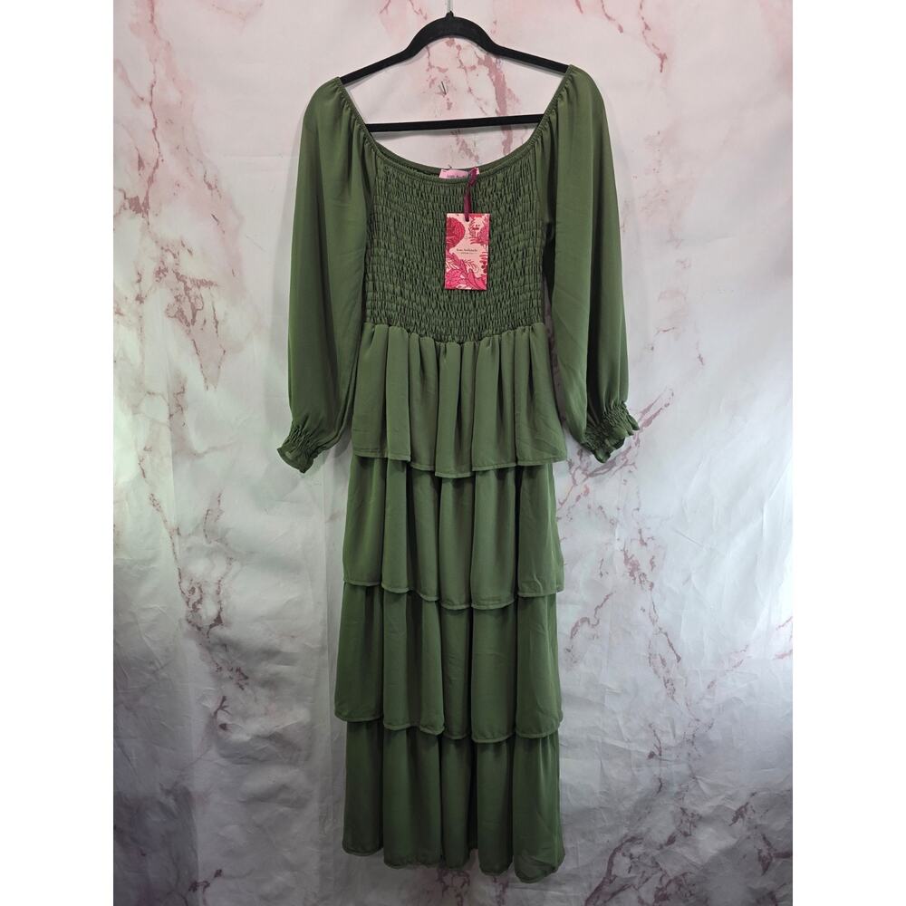 Seeiou X Juan Avellaneda Dress Womens Small Green Midi Maxi Tiered Ruffle Smock